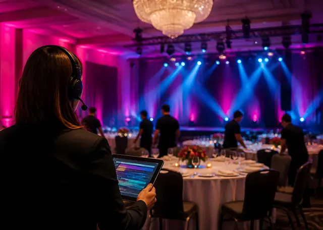 Event manager with headset and tablet coordinating ballroom setup